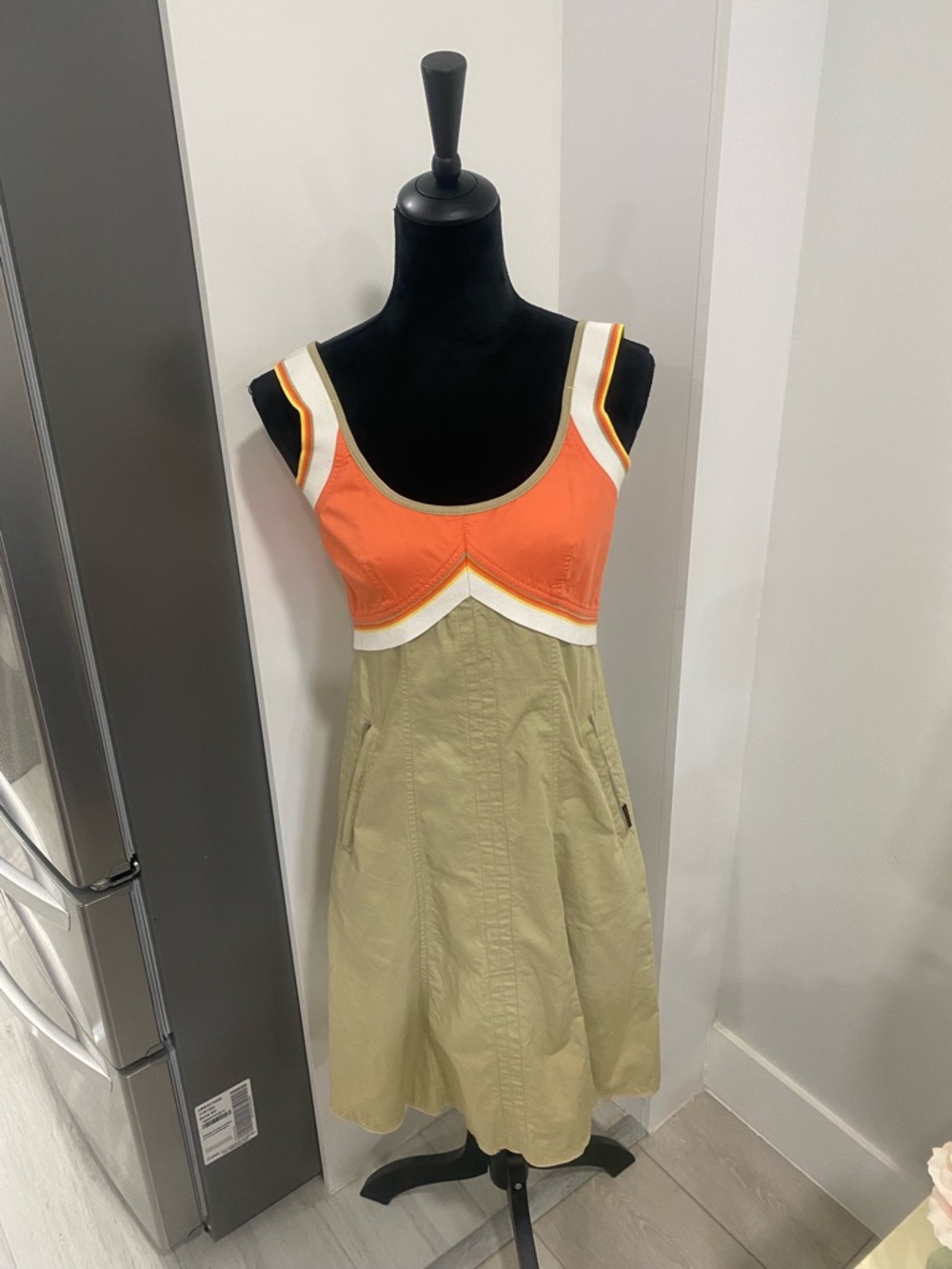 Marc Cain Orange and Khaki Colorblock Midi Dress
